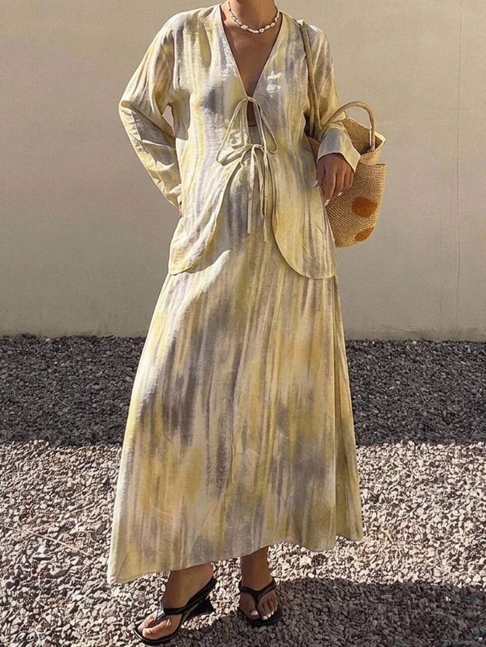 Floral Print Loose Tie-Waist Long Sleeve Jacket & Long Umbrella Skirt Casual Vacation Elegant Spring/Autumn Maternity 2 Pieces Set