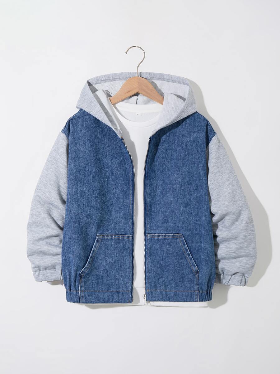 SHEIN Genkimix Kids Tween Boys' Spring,Autumn,Fall,And Winter Stylish & Comfortable Loose-Fit Color-Block Knit Zip-Up Cardigan / Loose-Fit Denim Jacket (100% Cotton) - Medium Wash - View 1