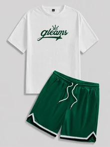 Sorvial Standard Size Loose White T-Shirt Green Basketball Shorts Sports Set, Minimalist Letter Design - Multicolor - View 5