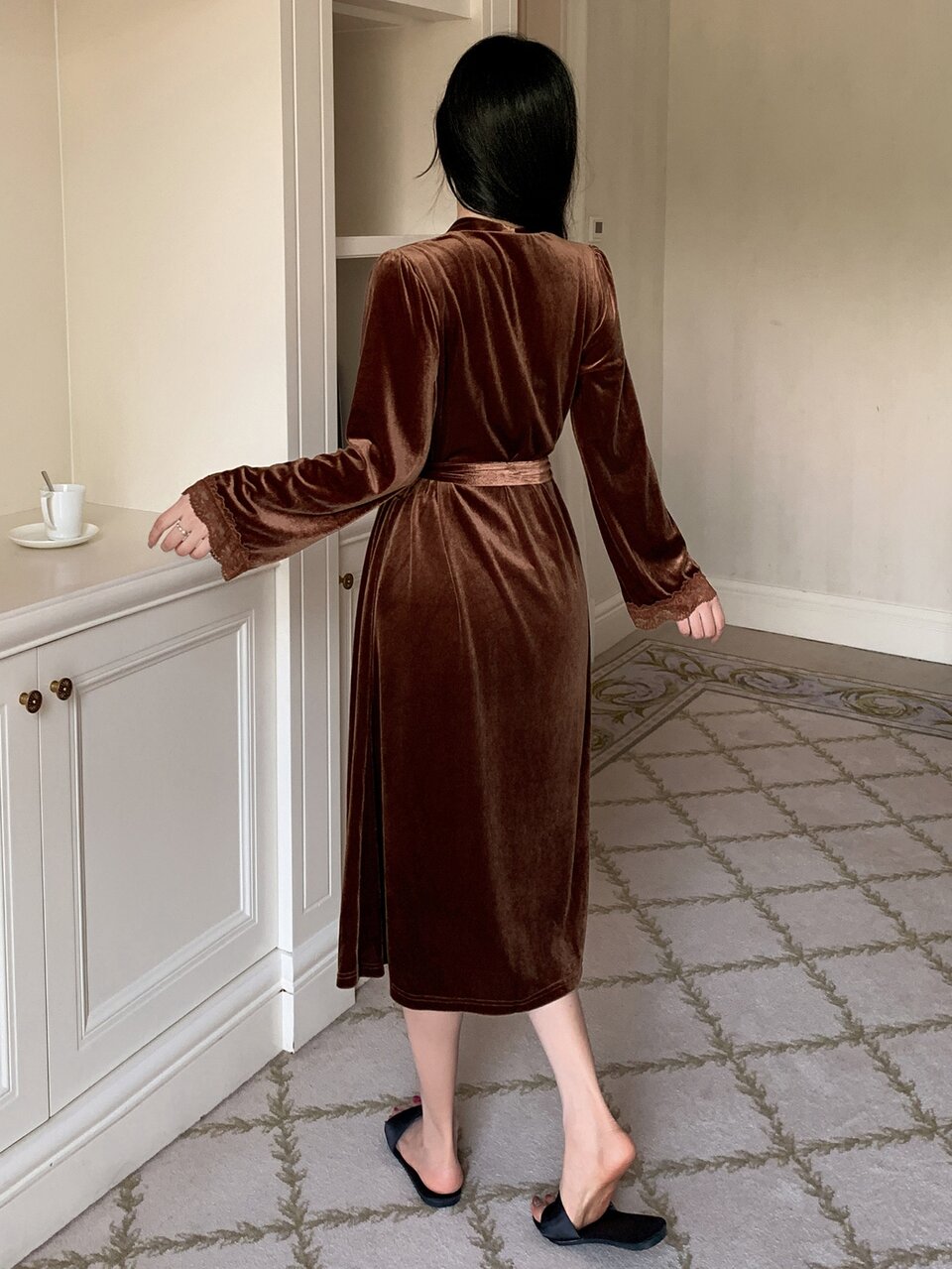 Women's Solid Color Contrast Lace Cuff Robe And Camisole Dress Elegant Sleepwear Set Fall