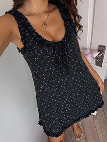 Livesso 女款甜美時尚花卉印花荷葉邊飾睡袍 秋季 - 黑色 - 查看 5