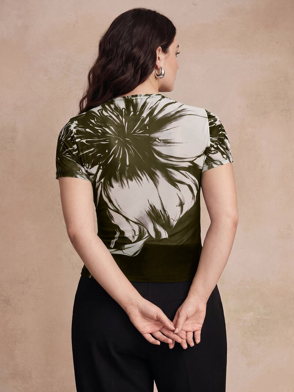 Spring/Summer New Elegant Fashion Casual Holiday Outing Date Print Elastic Mesh Short Sleeve Plus Size Women's Top