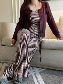 Vibekara Plus Size Solid Color Knit Cardigan, Striped Top With Slim Fit And Drawstring Detail, Elegant Casual Commute Daily Wear, Autumn Essential - Brown - View 2