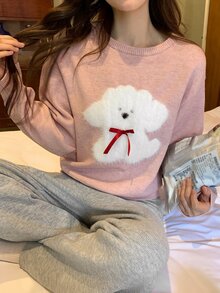 DAZY Autumn/Winter Knit Cute Puppy Pattern Loose Long Sleeve Top & Straight Leg Long Pajama Pants 2pcs Set Women's Sleepwear - Pink - View 12