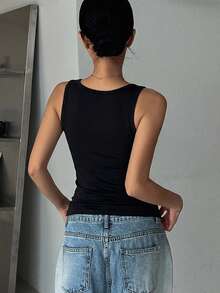 DAZY 春夏新款女款修身背心，適合休閒穿著 - 黑色 - 查看 4