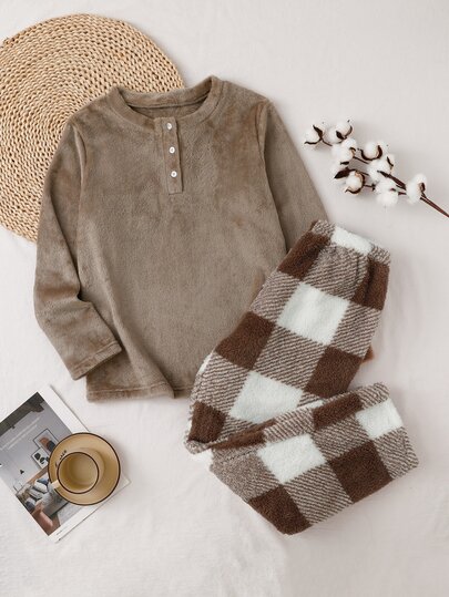 SHEIN Casual Plush Plaid Round Neck Button-Front Pajama Set