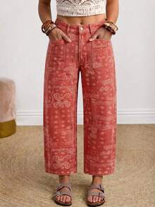 SHEIN PETITE CURVE Celana Jeans Denim Motif Seluruh Permukaan untuk Liburan Ukuran Plus - Aprikot - View 3