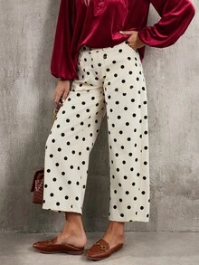 SHEIN PETITE CURVE Celana Jeans Wanita Ukuran Besar dengan Desain Saku dan Motif Polkadot, Model Tapered (Meruncing) - Aprikot - View 7
