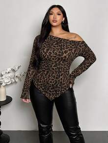 Firerie Vintage Leopard Print Asymmetrical Hem And Shoulder Pleat Design, Suitable For Autumn/Winter Wear, Plus Size Autumn T-Shirt - Multicolor - View 5