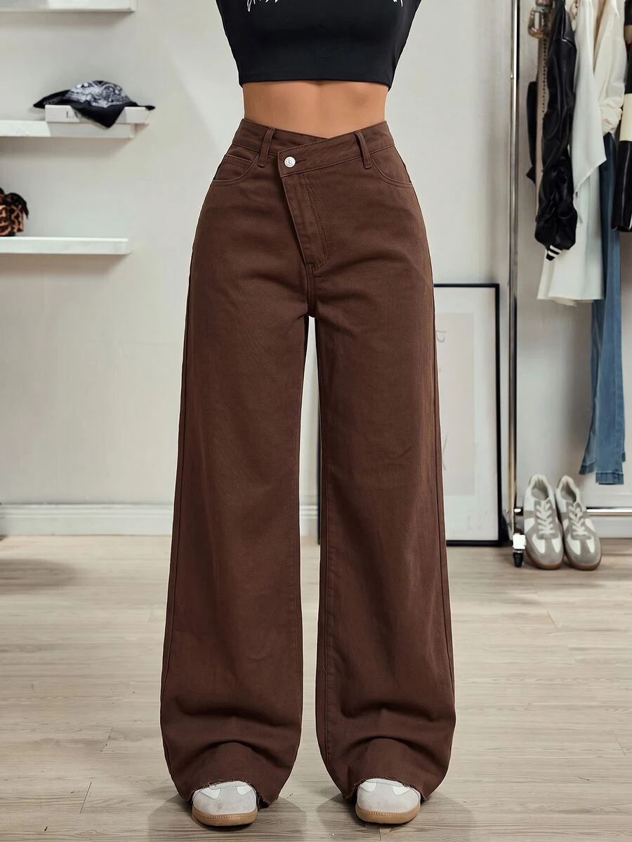SHEIN Tall 女款鈕扣休閒街頭風百搭直筒牛仔褲,日常與夜生活適用,咖啡棕色,夏季 - 棕色 - 查看 1
