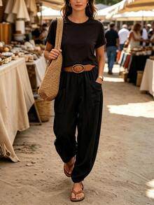 Breezaya Women's Solid Color Pleated Casual Versatile Daily Wear Long Pants - Black - View 3