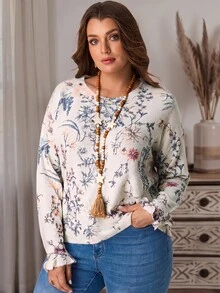 Rosumi Plus Size Women's Floral Pattern Round Neck Long Sleeve Casual Pullover Sweater - Apricot - View 4