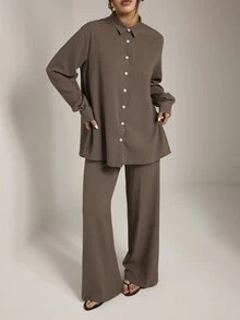 SHEIN PETITE Women's Casual Commute Solid Color Shirt And Pants Set - Brown - View 6