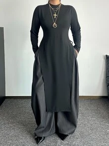 POPSWAY Plus Size Fashion Minimalist Round Neck Long Split Hem T-Shirt - Black - View 6