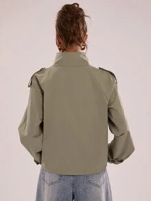 SHEIN BAE Veste femme couleur unie col montant décontractée polyvalente pour usage quotidien et voyage manches longues - Kaki - Voir 2