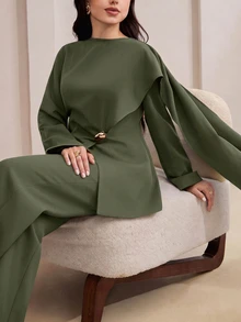 Veilorie 大尺碼優雅派對上衣與長褲兩件套 - 軍綠色 - 查看 7