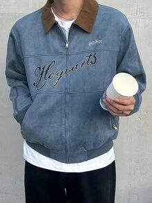 DAZY 男士字母圖案休閒日常長袖夾克 - 藍色 - 查看 6
