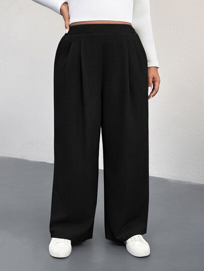 Shapeblank Plus Size Women's Spring/Autumn Fashion Casual Loose Comfortable Everyday All-Match Versatile Slimming Elastic Waist Khaki Wide Leg Pants, Women's Bottoms, Autumn Pants, Minimalist Style, Outdoor Wear