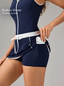 OutZeal Jumpsuit Olahraga Wanita untuk Gym, Latihan, Tenis, Gaun dengan Bra dan Bantalan yang Dapat Dilepas, dengan Bukaan Mudah Diakses. - Navy Blue - View 4