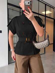 Lumalex 女款短袖寬鬆高領收腰風衣 - 黑色 - 查看 13