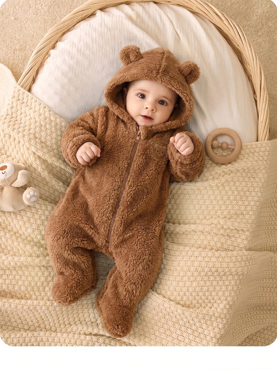SHEIN Baju Terusan Bayi Baru Lahir Laki-laki dan Perempuan Motif Kartun Lucu Musim Gugur/Dingin, Berbulu, Berkerudung, dan Terusan Kaki - Coklat - View 1