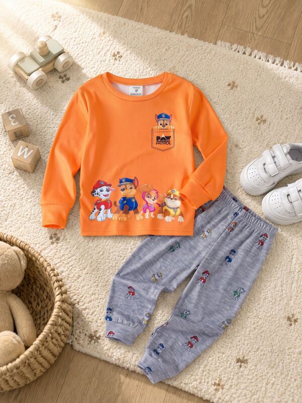 Maija Kids SHEIN | PAW Patrol Maija Kids 小男孩卡通圖案長袖上衣與長褲休閒日常居家穿著套裝