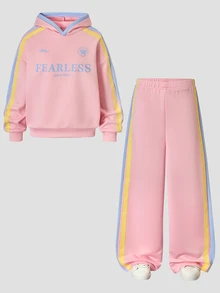 SHEIN 青少年女孩秋冬粉色運動衫套裝，長袖連帽運動衫與寬鬆休閒運動長褲套裝 - 粉色 - 查看 3