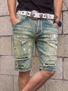 Manfinity EMRG 男士休閒百搭磨損牛仔短褲，附口袋 - 淺色水洗藍 - 查看 5