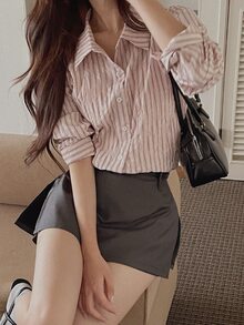 DAZY 女款休閒通勤條紋襯衫 - 粉色 - 查看 5