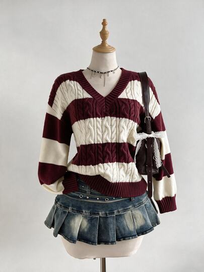 Elamini Women's Autumn/Winter Casual Versatile V-Neck Navy & Apricot Multi-Color Striped Lantern Sleeve Fashion Knit Sweater Top