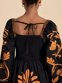 Travachic Women's Floral Print Square Neck Lantern Sleeve Elegant Midi Dress - Black and Yellow - View 7