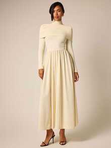 COSMINA Women's Casual Elegant Cream Long Sleeve Dress - Apricot - View 3