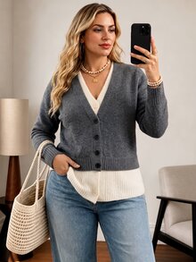 Vionelle Grey And White Colorblock 2 In 1 V-Neck Knit Cardigan, Single-Breasted Hem Splice Cropped Long Sleeve Plus Size Sweater Jacket Winter - Grey - View 7