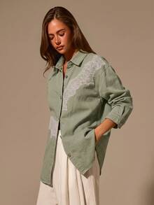 Athîral Denim Women's Lace Patchwork Denim Top - Khaki - View 5