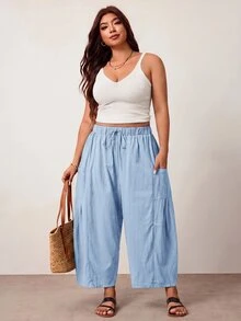 Enliva Plus Size Loose Fit Drawstring Casual Cropped Pants - Baby Blue - View 5