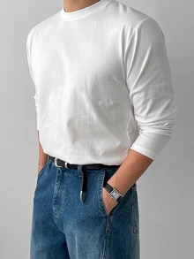DAZY 春秋款純白色長袖修身通勤男士T恤 - 白色 - 查看 2