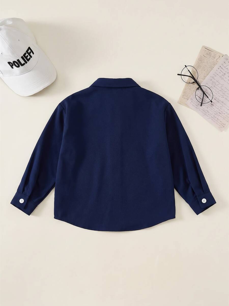 SHEIN 男孩童夏季秋季休閒百搭學院風白色襯衫 開學季時尚校服上衣 正式襯衫 - 藏蓝色 - 查看 1