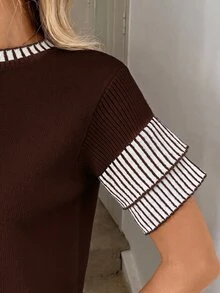 Easowa 女款條紋對比飾邊對比色時尚休閒法式方領短袖針織上衣 辦公室早午餐棕色條紋夏季款 - 棕色 - 查看 3