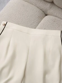 GlowEve CURVE Plus Size Minimalist Shawl Collar Knit Trim Contrast Button Decor Belt Loop Blazer With Pockets And Wide Leg Pants Suit Set - Apricot - View 6