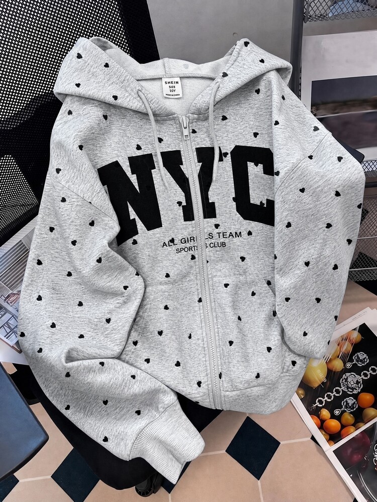 Tween Girl Hooded Drawstring Grey Polka Dot Letter Print Zipper Front Sweatshirt Back-To-School School Autumn Streetwear - Grey - View 1