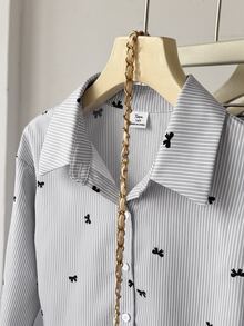SHEIN Teen Girls Autumn New Blue & White Striped Cherry Pattern Loose Long Sleeve Shirt - Grey - View 4