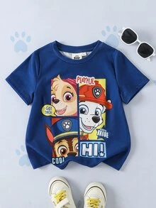 SHEIN | PAW Patrol 小男孩字母卡通印花休閒日常短袖T恤 - 藍色 - 查看 1