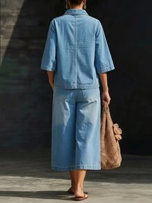 LUMIGAL Women's V-Neck 3/4 Sleeve Top And Wide Leg Pants Casual Denim Set - Blue - View 3