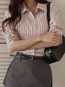 DAZY 女款休閒通勤條紋襯衫 - 粉色 - 查看 7