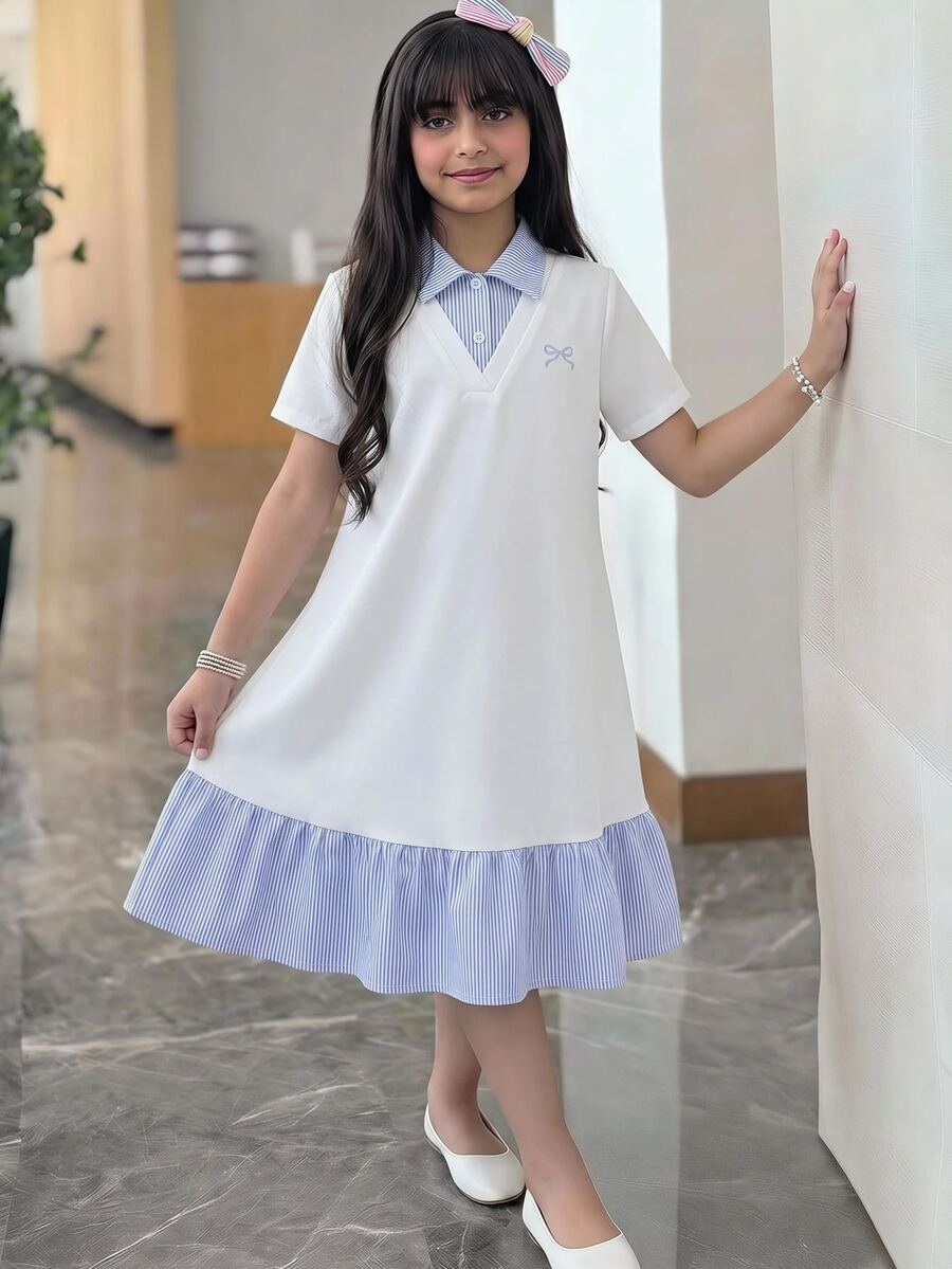 SHEIN 青少年女孩條紋騎士印花鈕扣半開襟短袖洋裝,適合秋季日常穿著 - 彩色 - 查看 1