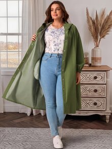 EMERY ROSE Plus Size Solid Hooded Button Front Long Sleeve Trench Coat With Pockets Fall Winter 2026 - Army Green - View 10