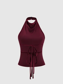 Sweetra Autumn Fashion Design New Elegant Commuter Draped Neck Draped Backless Tie-Up Deep Red Vintage Women's Tank Top For Daily Wear - Burgundy - View 2