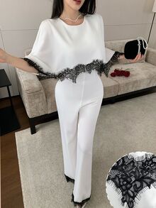 Modelyn Elegant Lace Patchwork Cape Jumpsuit For Women, Sophisticated And Fashionable - Black and White - View 6