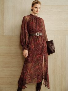 Arave Elegant Mature Style Lace Collar Waist-Cinching Design Flared Sleeve Geometric Print Side Slit Mid-Length Dress For Women - Multicolor - View 7