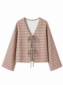 INAWLY 女款純色前綁帶長袖休閒襯衫女式上衣 - 棕色 - 查看 5